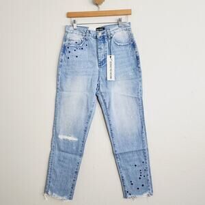 NWT Neon Blonde Siren Starstruck Straight Jeans 27 Star Embroidered Raw Hem